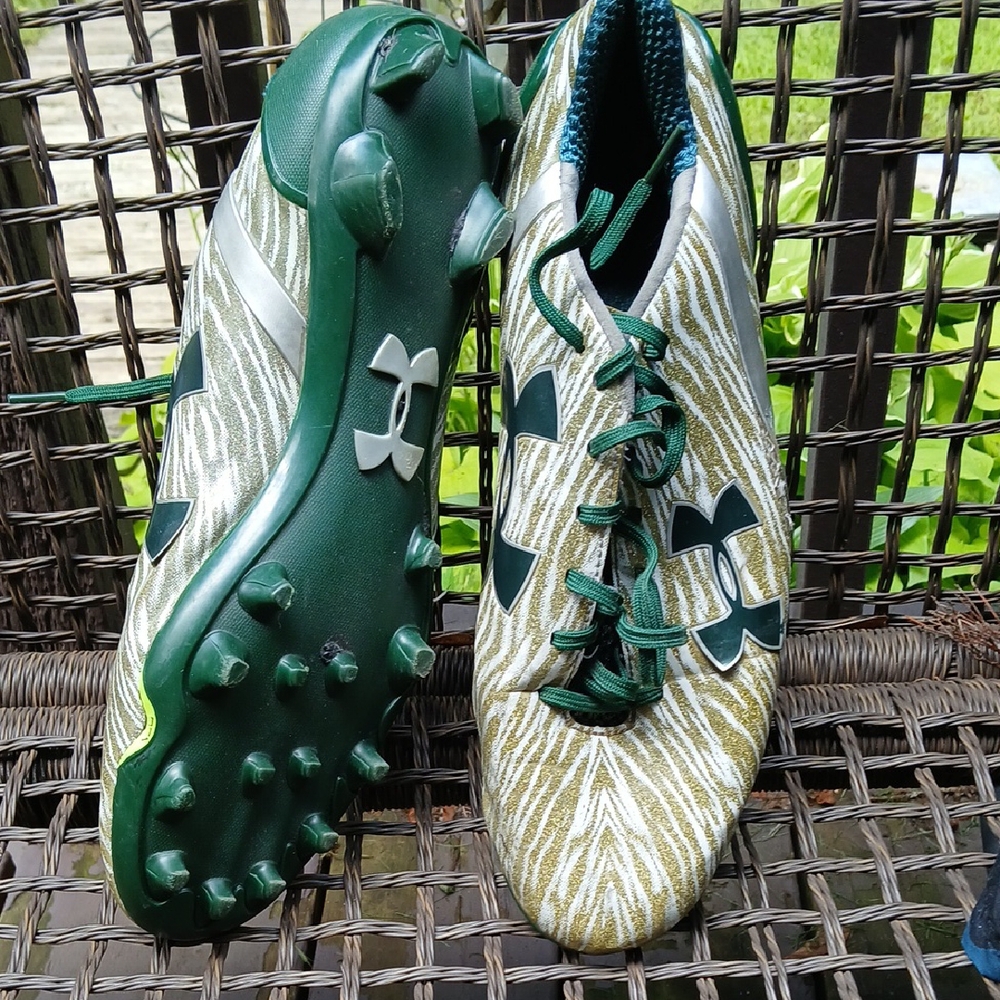 Under Armour Metallic Gold and Green Cleats
